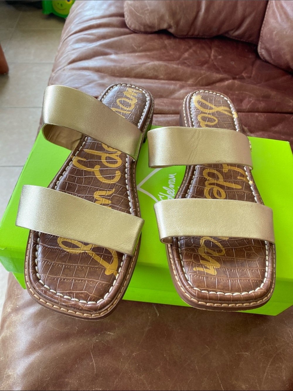 Sam Edelman Metallic Gold Double Strap Slide Sandals